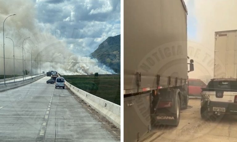 Incêndio no Contorno do Mestre Álvaro causa acidente e fecha pista na Serra