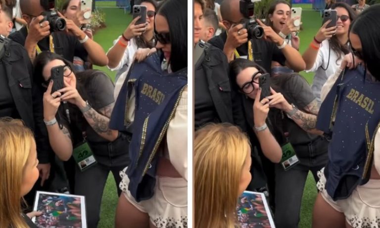 Flavia Saraiva presenteia Katy Perry com collant que usou nas Olimpíadas