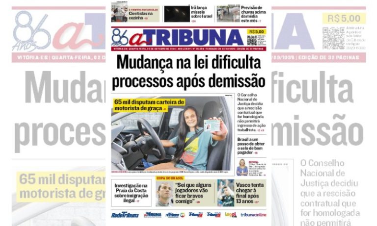 Confira os destaques do jornal A Tribuna desta quarta-feira