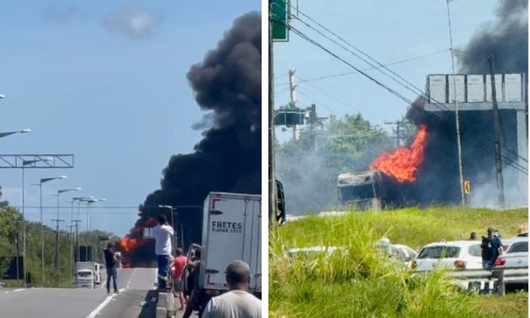 VÍDEO: Incêndio e tombamento de carreta interditam Rota do Atlântico, Litoral Sul