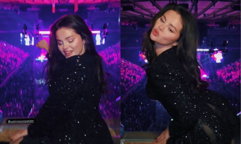 Selena Gomez sensualiza e bate cabelo em show de Sabrina Carpenter