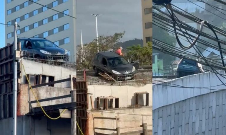 Carro invade obras do viaduto da Avenida Mário Gurgel, em Cariacica