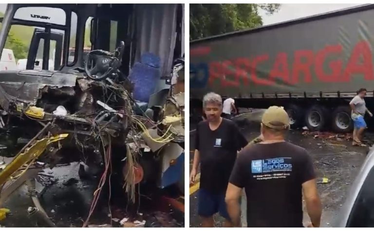 Acidente entre ônibus e carreta deixa cinco feridos na BR-101 Sul