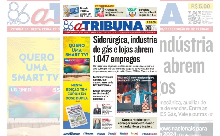 Confira os destaques do jornal A Tribuna desta sexta-feira