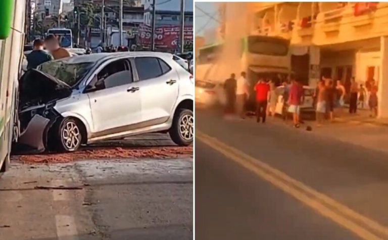 Ônibus pega fogo após acidente com carro na Rodovia do Sol