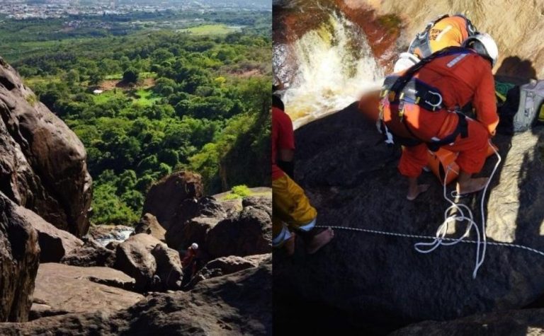 Homem tenta saltar entre pedras de cachoeira, cai de altura de 80 m e morre