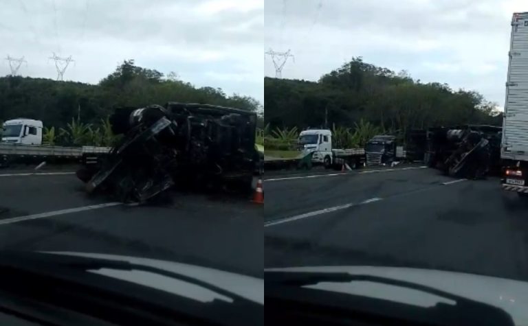 Acidente entre duas carretas causa morte e interdita pista na BR-101 em Vila Velha