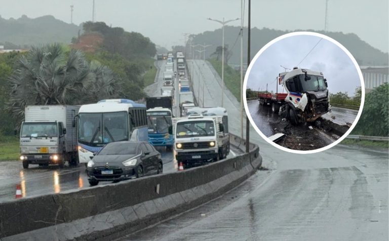Chuva e acidente envolvendo carreta dão nó no trânsito da Rodovia do Contorno
