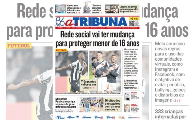 Confira os destaques do jornal A Tribuna desta quarta