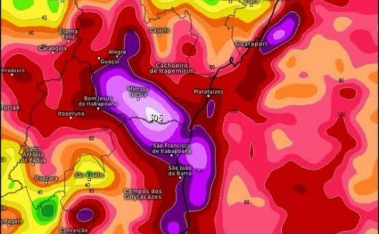 Mapa prevê tempestade com 300mm de chuva em Mimoso do Sul