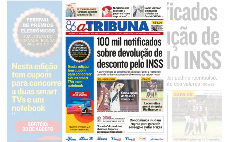 Confira os destaques do jornal A Tribuna desta quarta-feira (14)