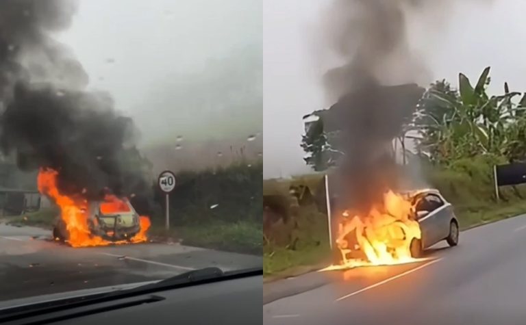 VÍDEO | Carro pega fogo em rodovia no Sul do ES e família escapa ilesa