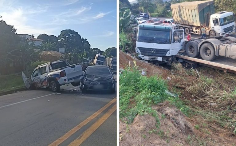 Acidente entre carreta e dois carros deixa uma pessoa ferida na BR 101
