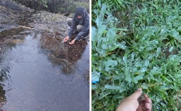 Frio “congela” cachoeira no Parque do Caparaó no ES