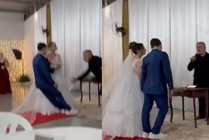 VÍDEO | Noivo desmaia, cai do altar durante cerimônia em SC e viraliza