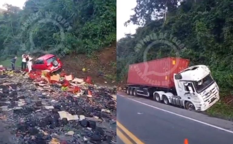 Acidente entre carreta, caminhão e carro causa morte e interdita BR-101 no ES