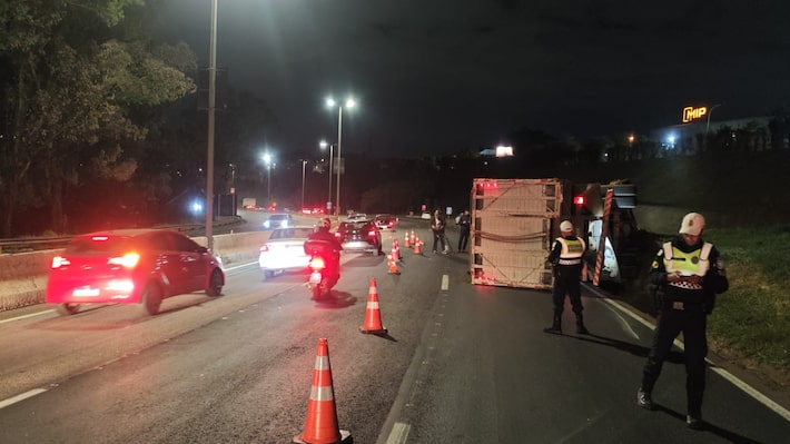 Caminhão carregado de bois e vacas tomba no Anel Rodoviário de BH; veja vídeo