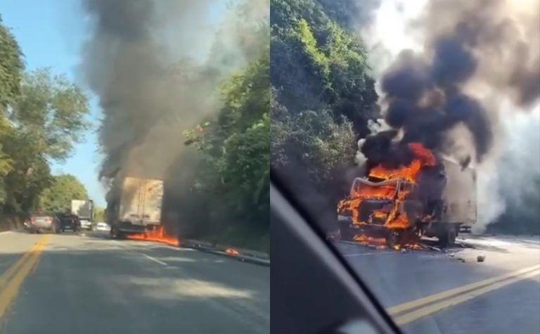 Caminhão de cerveja pega fogo na BR-262 em Viana