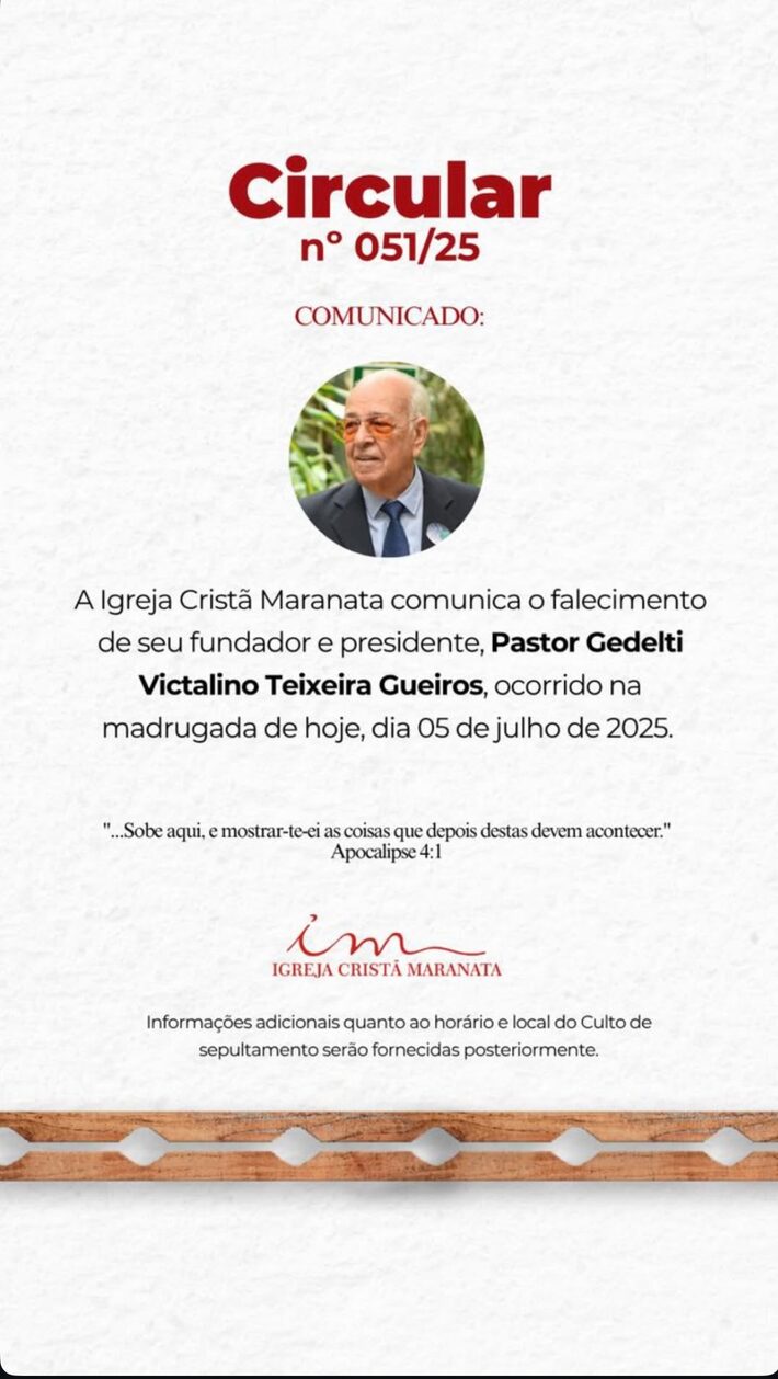 Morre fundador da Igreja Maranata; pastor Gedelti Gueiros tinha 93 anos