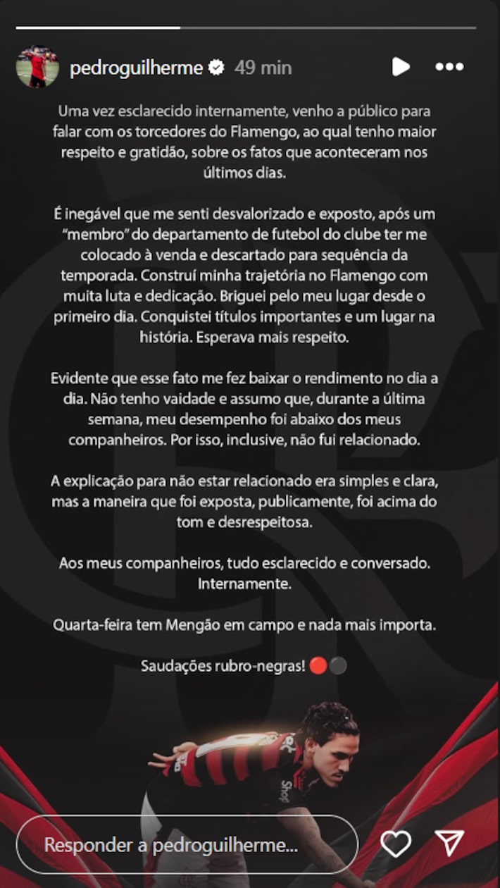 Pedro rebate críticas públicas de Filipe Luís em comunicado e classifica fala como ‘desrespeitosa’