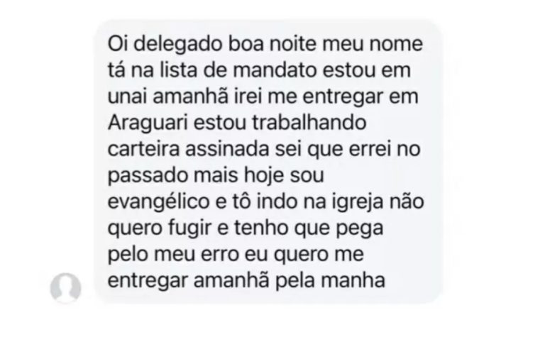 Foragido manda mensagem a delegado e se entrega em MG após virar evangélico