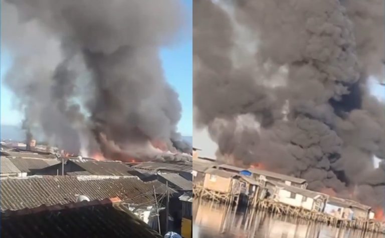 Incêndio de grandes proporções atinge favela de palafitas em Santos