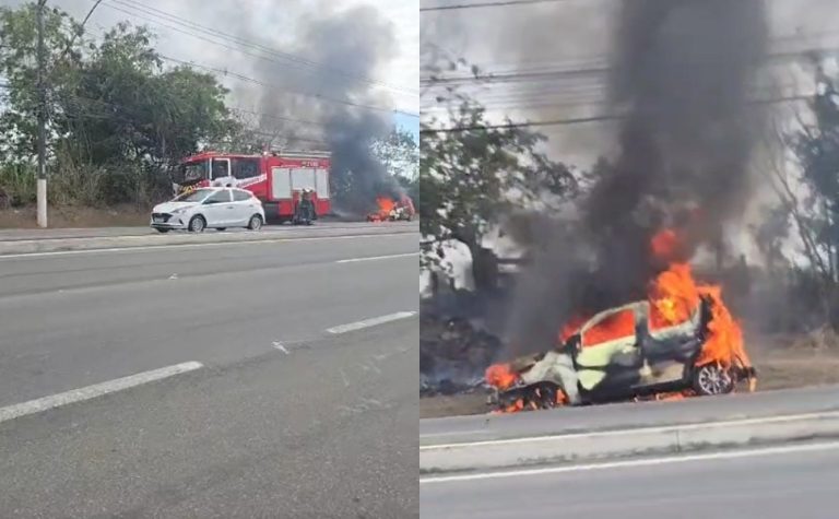 VÍDEO | Carro pega fogo e interdita rodovia na Serra