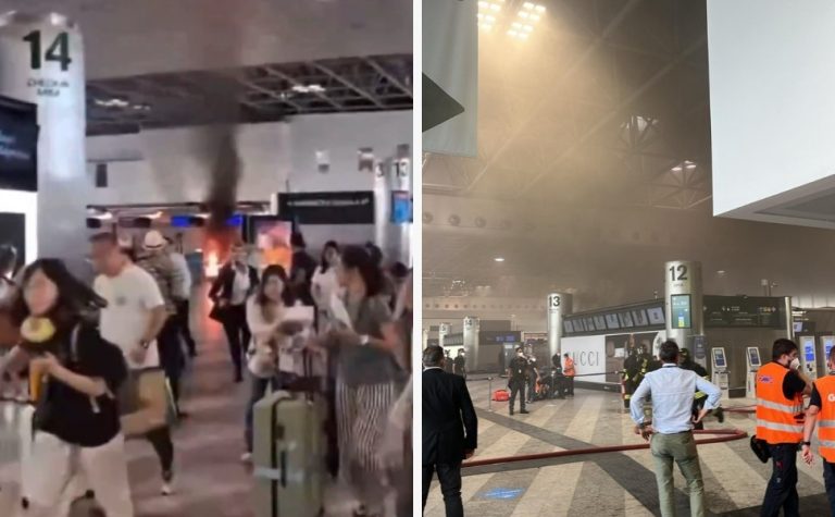 VÍDEO | Homem ateia fogo em lixeiras e móveis em aeroporto na Itália
