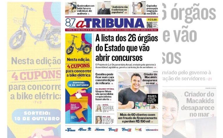 Confira os destaques do jornal A Tribuna desta terça-feira