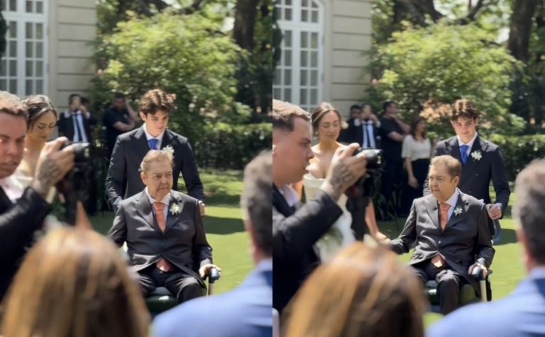Em cadeira de rodas, Faustão comparece ao casamento da filha, Lara