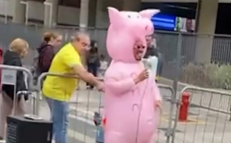 Homem golpeia ‘porquinho da Paulista’ com garfo durante manifestação
