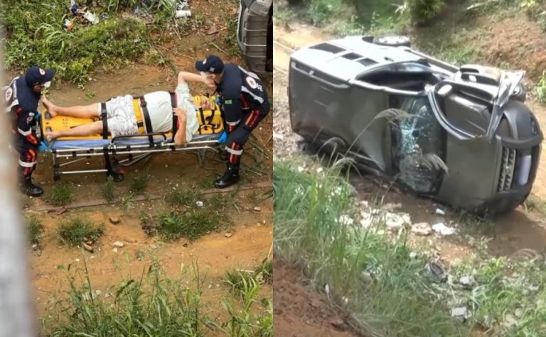 Idoso fica ferido após carro descer ladeira e tombar de barranco em Cariacica