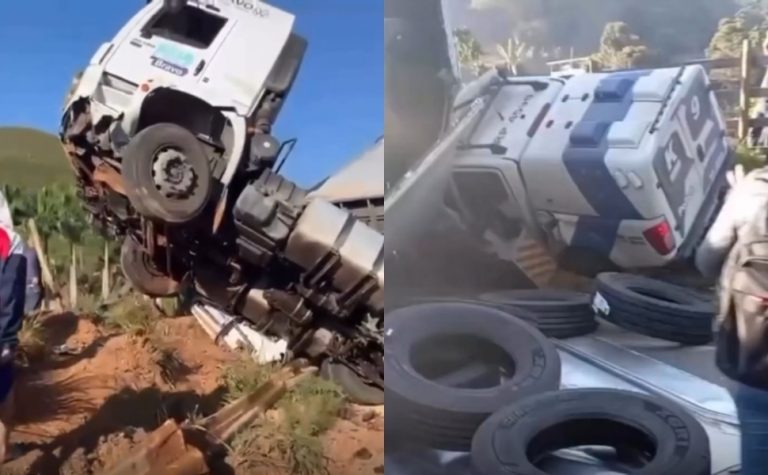 Jovem fica preso às ferragens após carreta tombar e atingir carro e viatura no ES