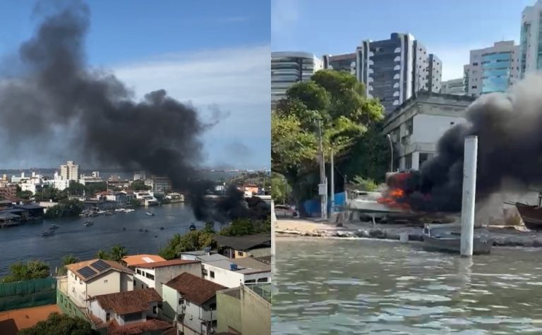 VÍDEO | Lancha pega fogo no canal de Camburi