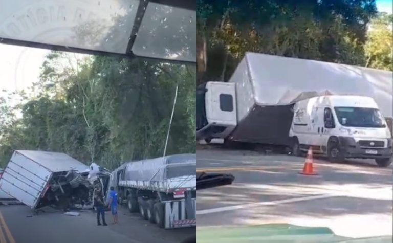 BR 101 fica interditada após acidente entre van, carreta e caminhão no Sul do ES