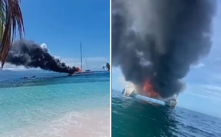 Brasileiros saltam em mar com tubarões após barco no Panamá pegar fogo