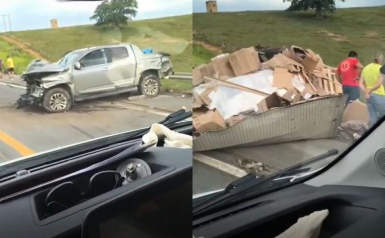 Carreta cai em ribanceira após colidir em caminhonete na BR-101 em Aracruz