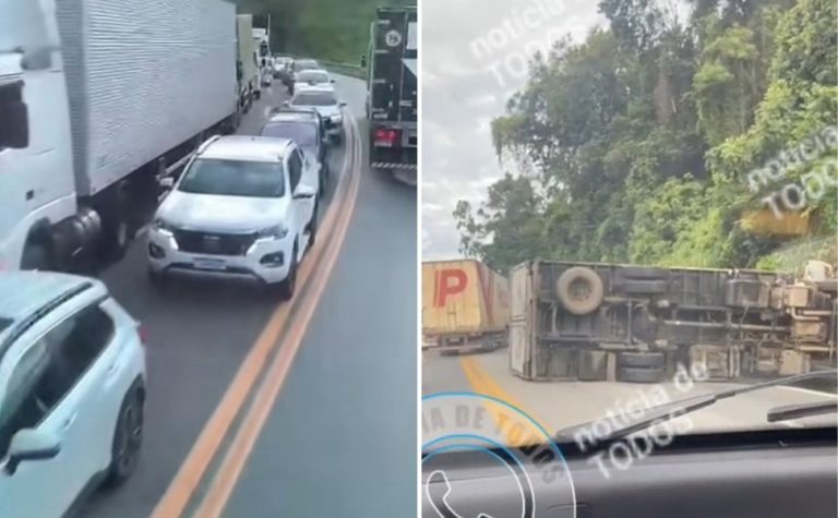 Carreta tomba e BR-101 fica parcialmente interditada em Rio Novo do Sul