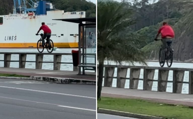 Ciclista chama atenção ao pedalar em cima de mureta na Av. Beira Mar, em Vitória