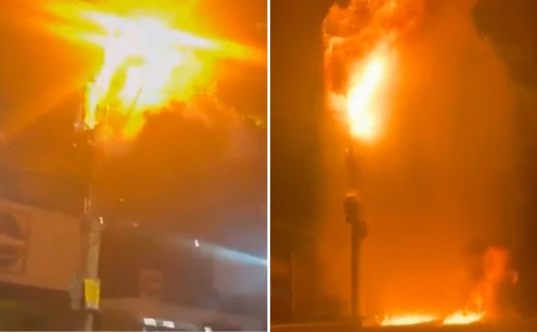 VÍDEO | Poste pega fogo três horas após inauguração de praça na Serra