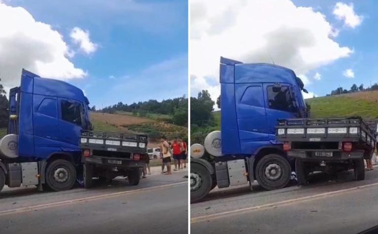 Acidente entre caminhão e carreta deixa faixa da BR-101 interditada em Anchieta