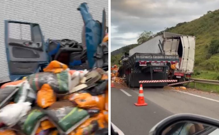 Acidente entre caminhão e carreta deixa motorista ferido em Guarapari