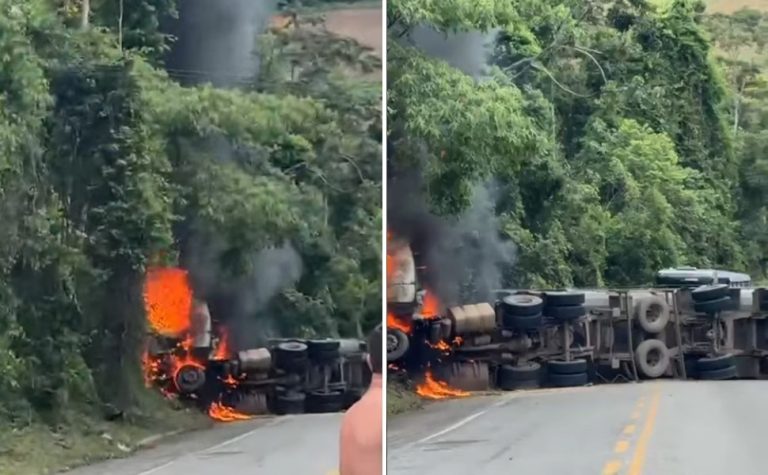 BR-262 fica interditada após carreta tombar e pegar fogo em Domingos Martins