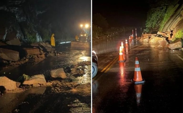 Deslizamento de rochas após fortes chuvas interdita rodovia no Sul do ES