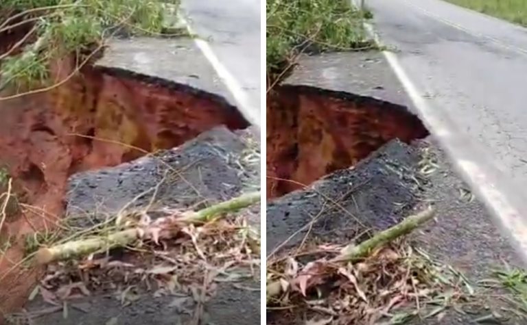 Após chuvas intensas, asfalto cede em trecho da BR-262 no Sul do ES
