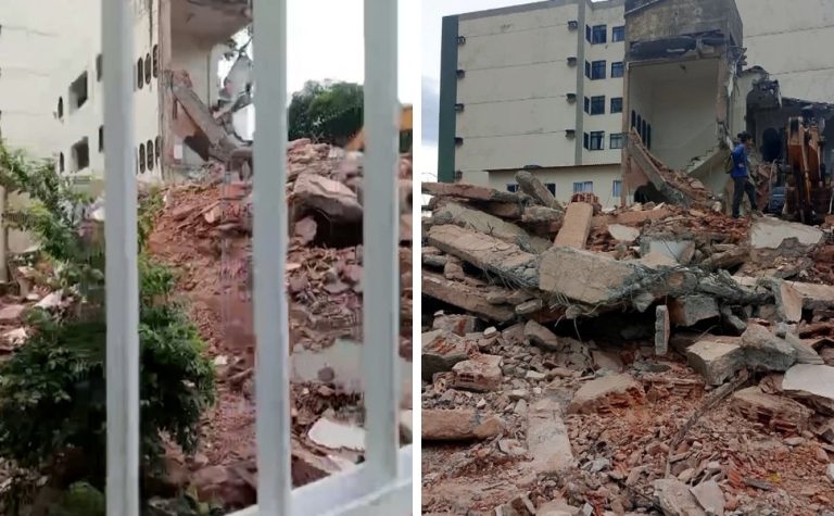 Destroços de demolição de prédio atingem salão de beleza em Vila Velha