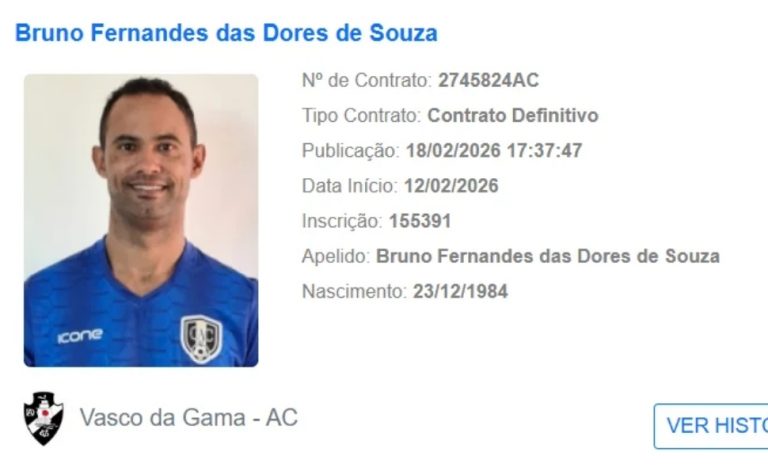 Goleiro Bruno é regularizado na CBF e vai estrear pelo Vasco-AC na Copa do Brasil
