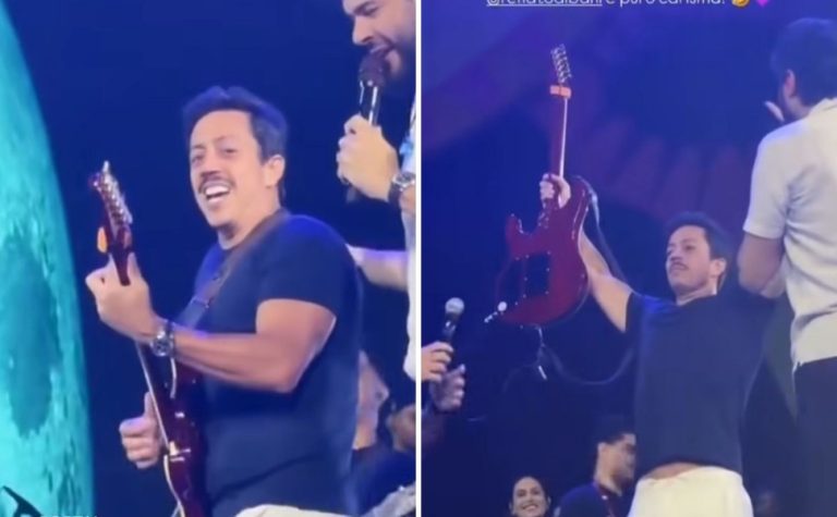 Humorista do ES Renato Albani chama atenção ao tocar guitarra em show de carnaval