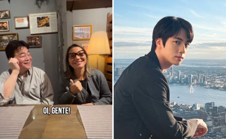 Janja recebe presente do cantor Jin, do grupo de K-pop BTS, durante viagem