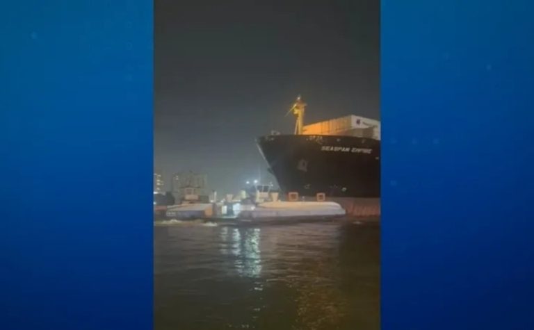 Navio atinge balsas no Porto de Santos e tripulantes pulam no mar